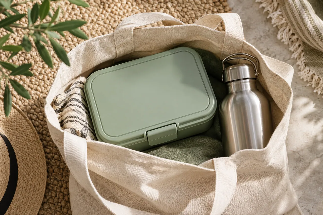 A closed sage-green lunchbox neatly packed in an open natural-canvas tote beside a stainless water bottle.