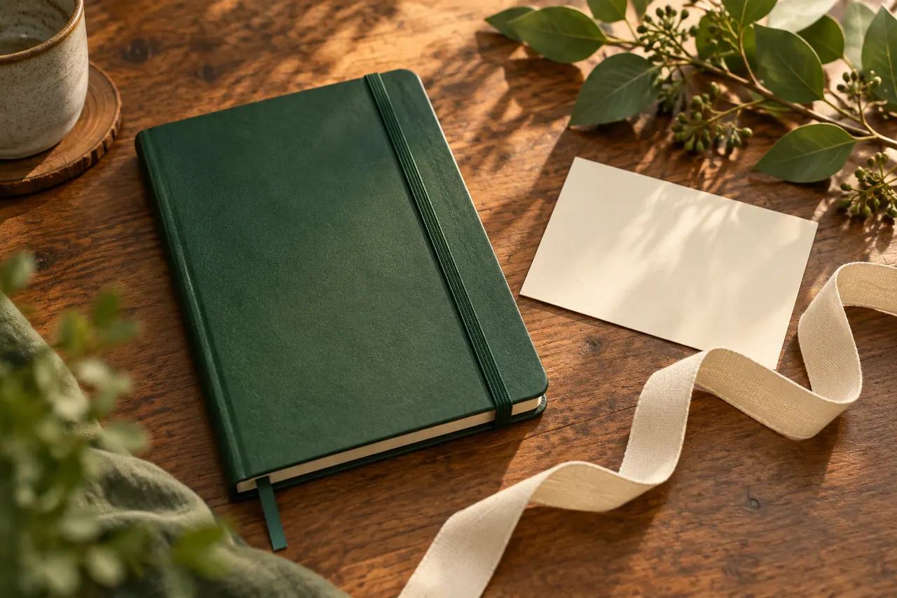 A plain forest-green notebook with elastic closure beside an unlettered cream gift card and a simple cotton ribbon.
