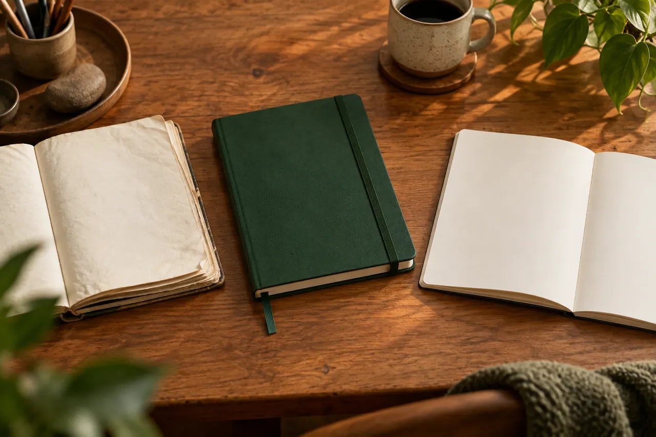 A plain forest-green notebook cover with a simple elastic closure.